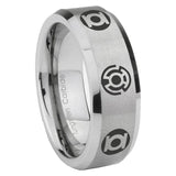 8mm Blue Green Lantern Beveled Edge Brushed Gray Tungsten Mens Wedding Bands