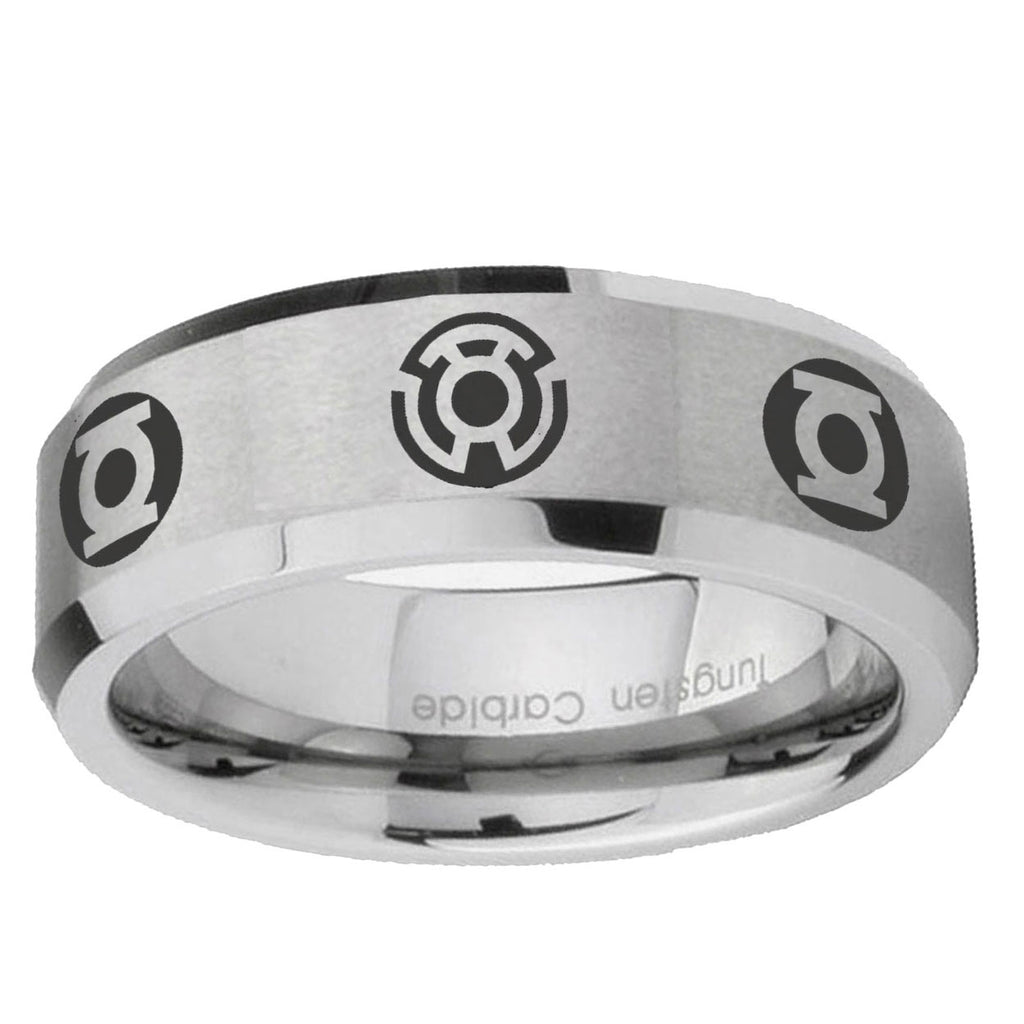 6MM Blue Green Lantern Beveled Brushed Gray Tungsten Ring For Men