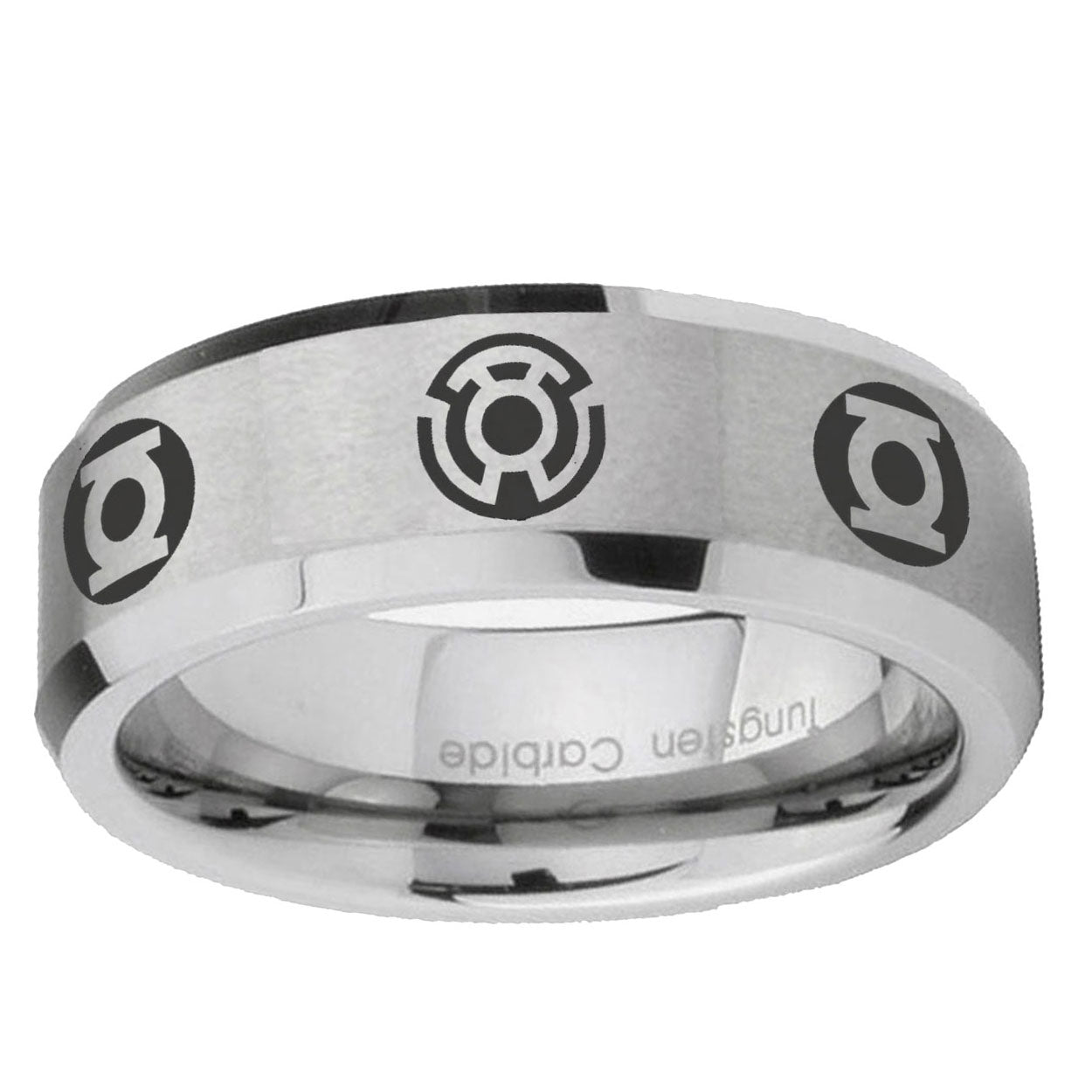 6MM Blue Green Lantern Beveled Brushed Gray Tungsten Ring For Men