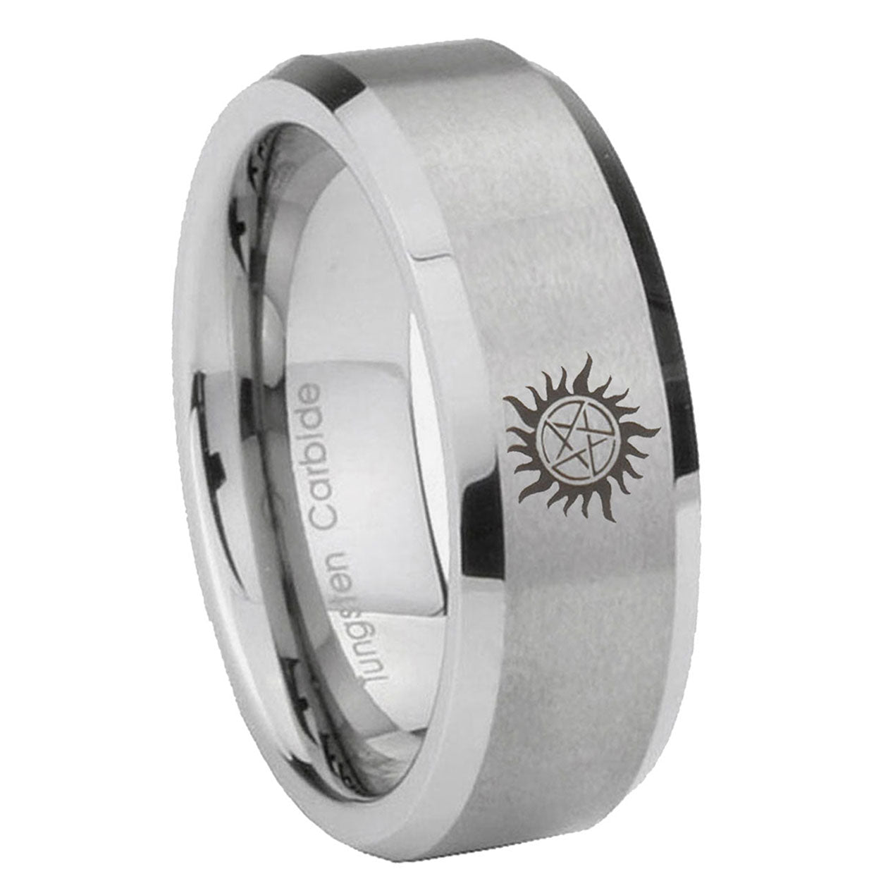 8MM Supernatural Beveled Brushed Gray Tungsten Ring For Him