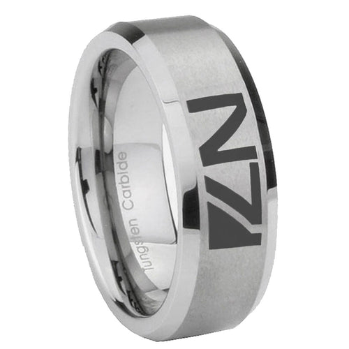 10mm N7 Design Beveled Edges Matte Grey Tungsten Carbide Mens Ring Engraved
