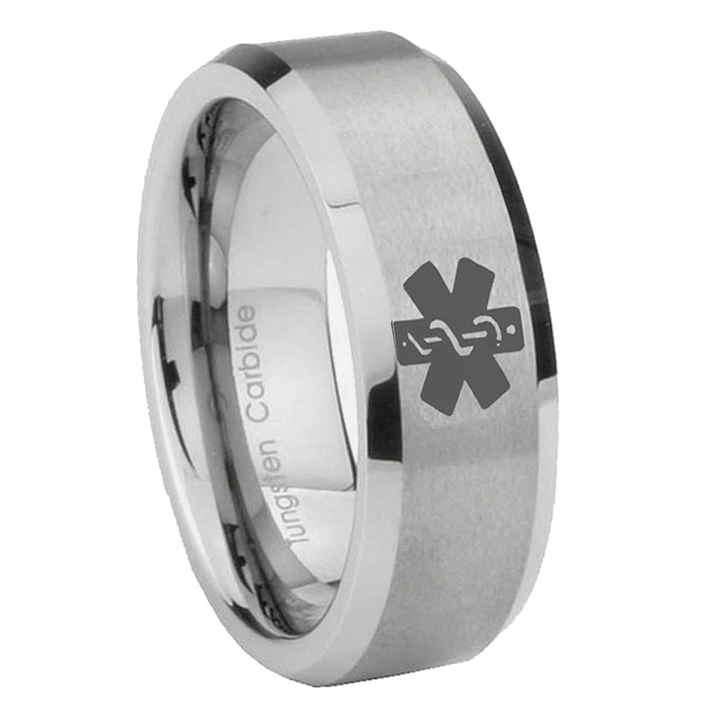 10mm Medical Alert Beveled Edges Matte Grey Tungsten Carbide Mens Engagement Ring