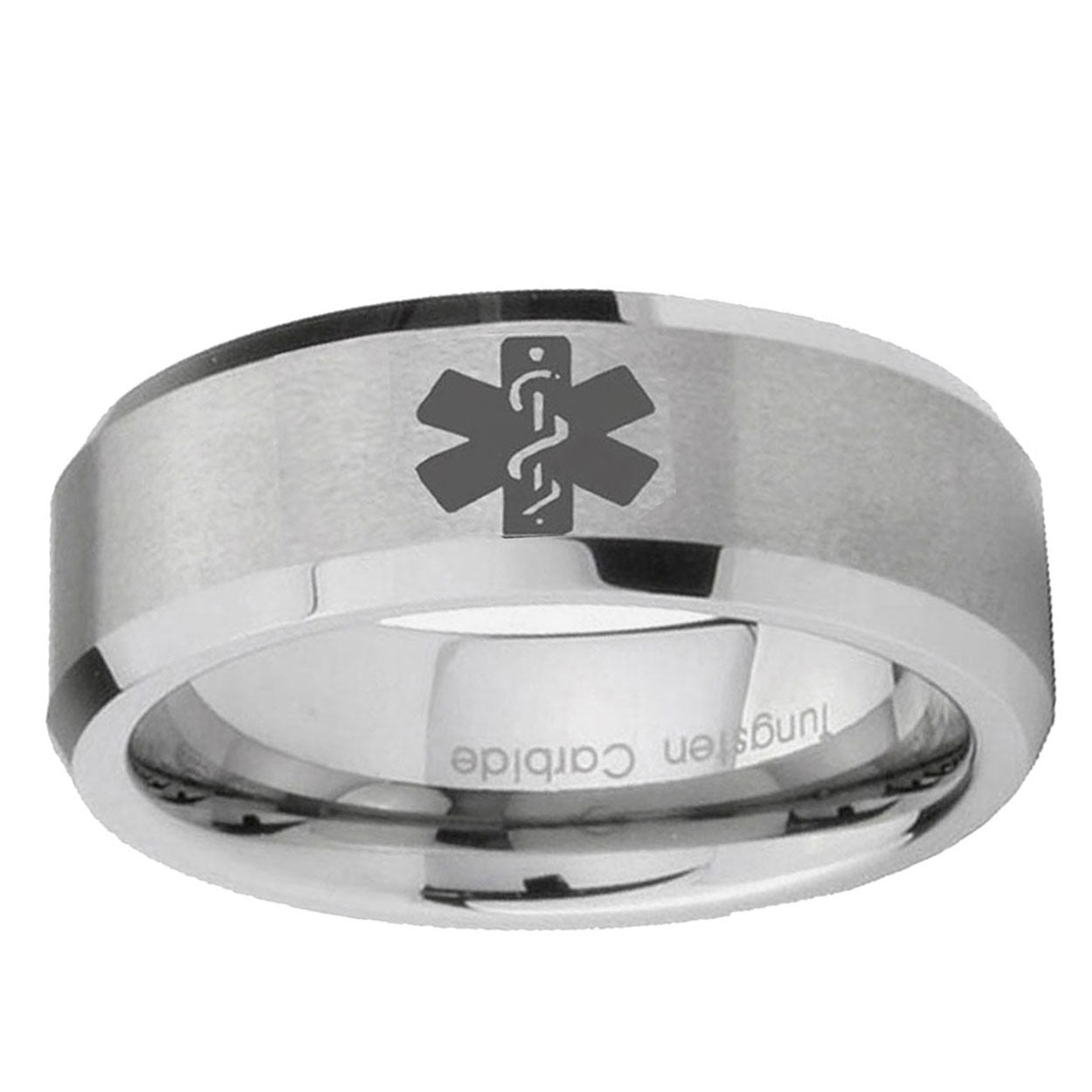 6MM Medical Alert Beveled Brushed Gray Tungsten Custom Engraved Ring