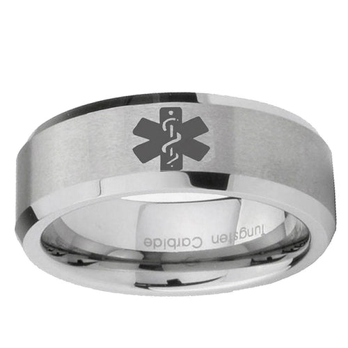 10mm Medical Alert Beveled Edge Matte Grey Tungsten Carbide Mens Engagement Ring