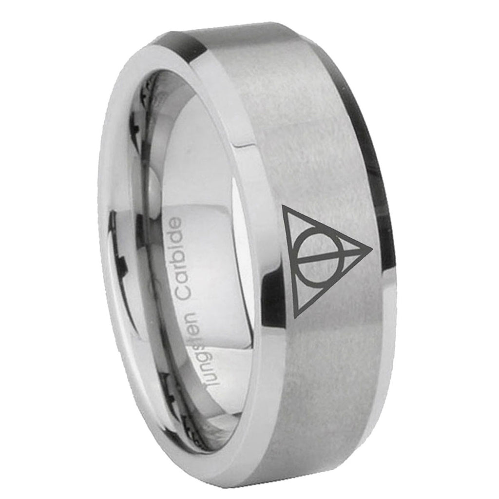10mm Deathly Hallows Beveled Edges Matte Grey Tungsten Carbide Men's Promise Rings