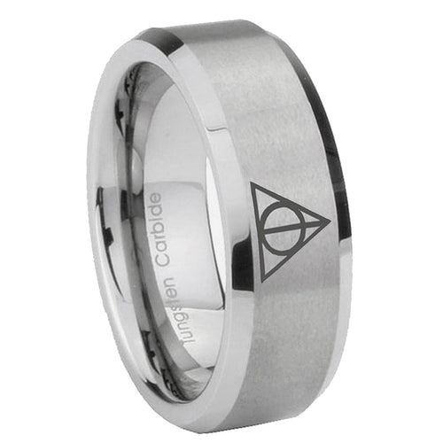 10mm Deathly Hallows Beveled Edges Matte Grey Tungsten Carbide Men's Promise Rings
