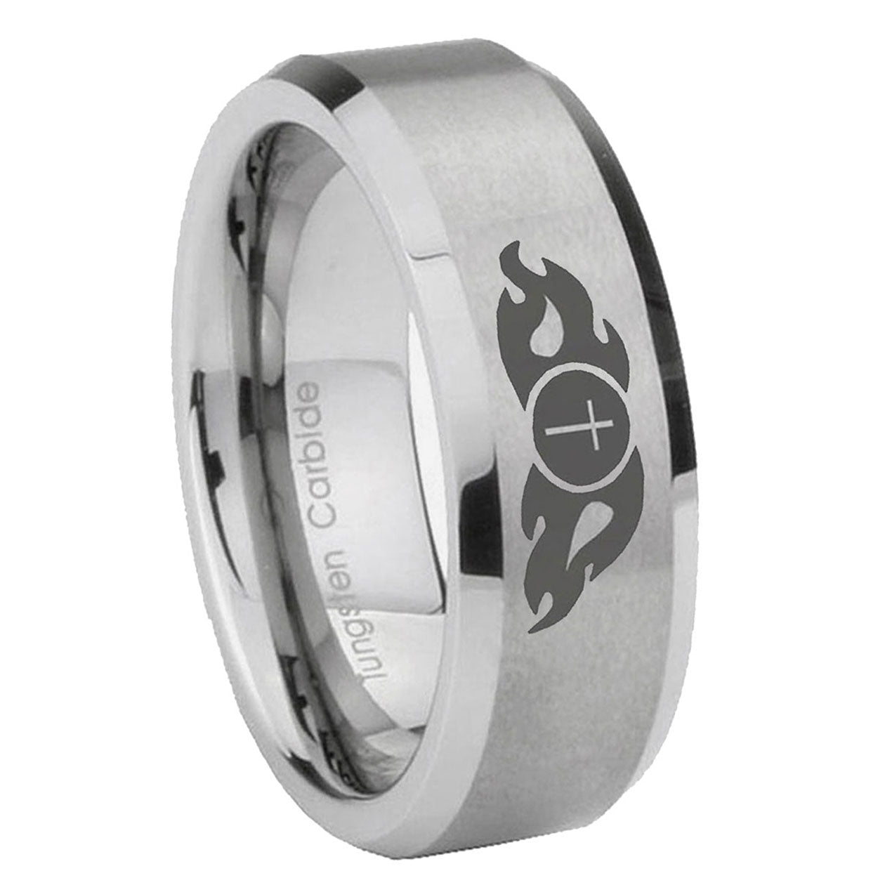 8MM Flamed Cross Beveled  Brushed Gray Tungsten Ring Men
