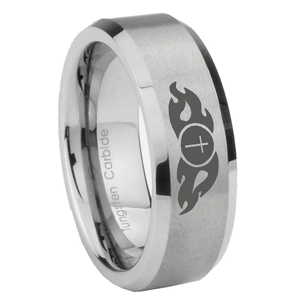 10mm Flamed Cross Beveled Edges Matte Grey Tungsten Carbide Men's Wedding Ring