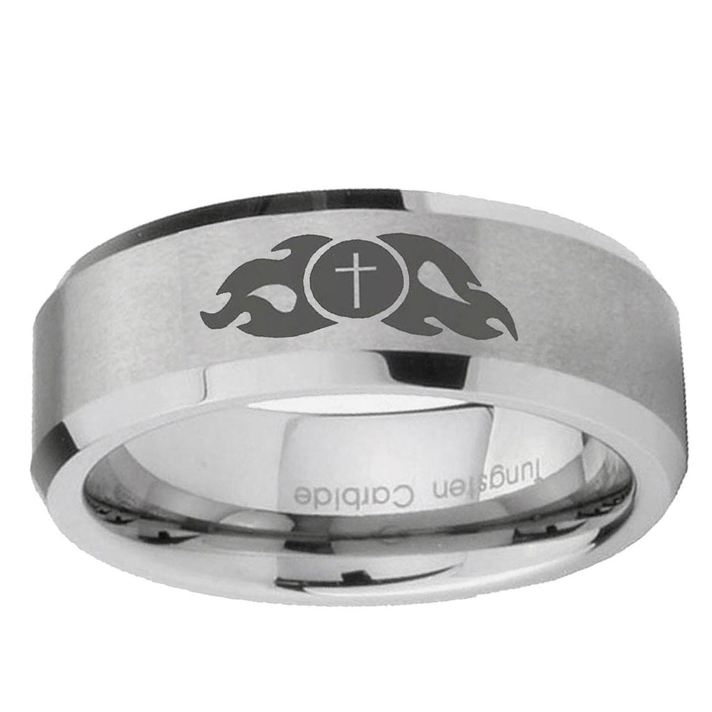 6MM Flamed Cross Beveled  Brushed Gray Tungsten Ring Men