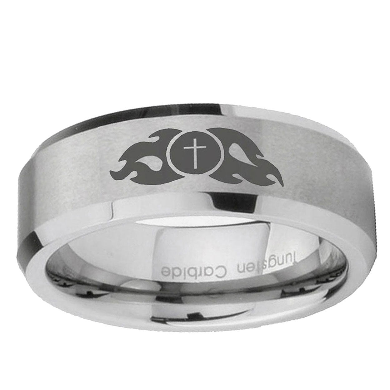 6MM Flamed Cross Beveled  Brushed Gray Tungsten Ring Men