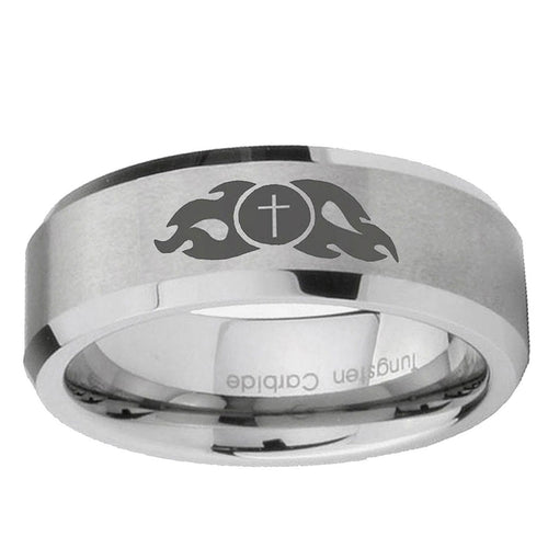 10mm Flamed Cross Beveled Edge Matte Grey Tungsten Ring