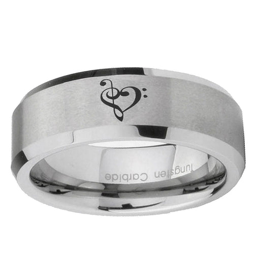 10mm Music & Heart Beveled Edge Matte Grey Tungsten Ring
