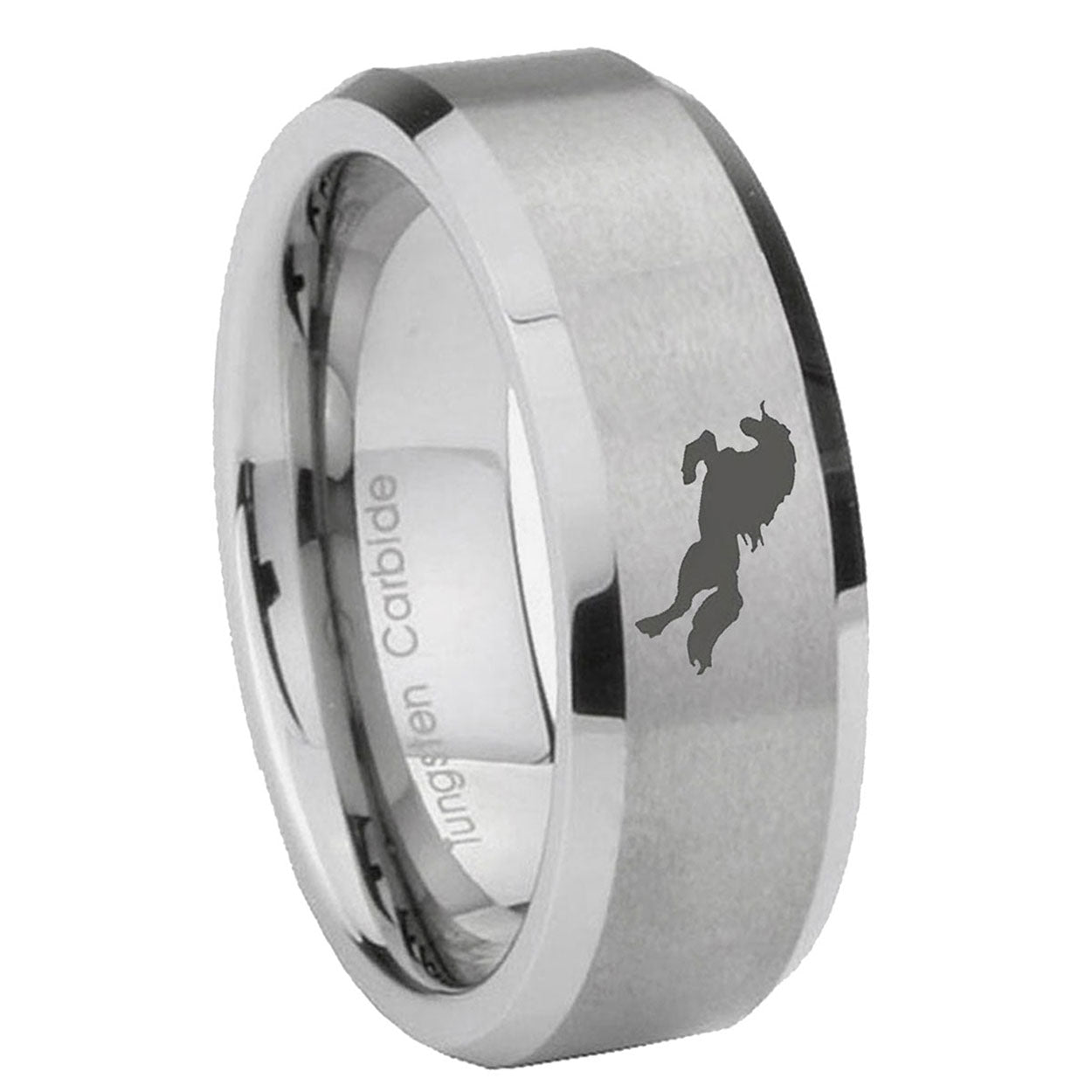 8MM Horse Beveled Brushed Gray Tungsten Engrave Man Ring