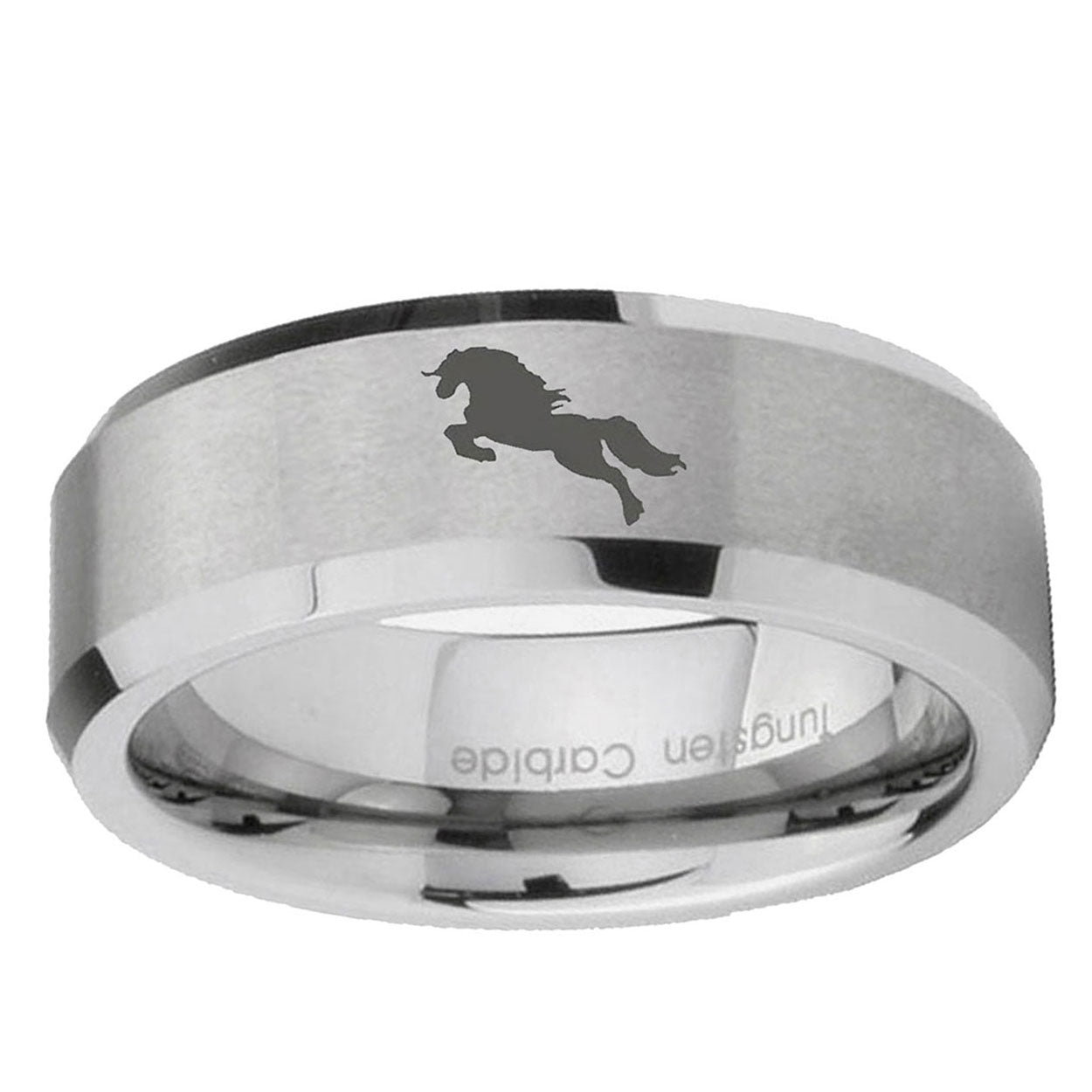 6MM Horse Beveled Brushed Gray Tungsten Engrave Man Ring