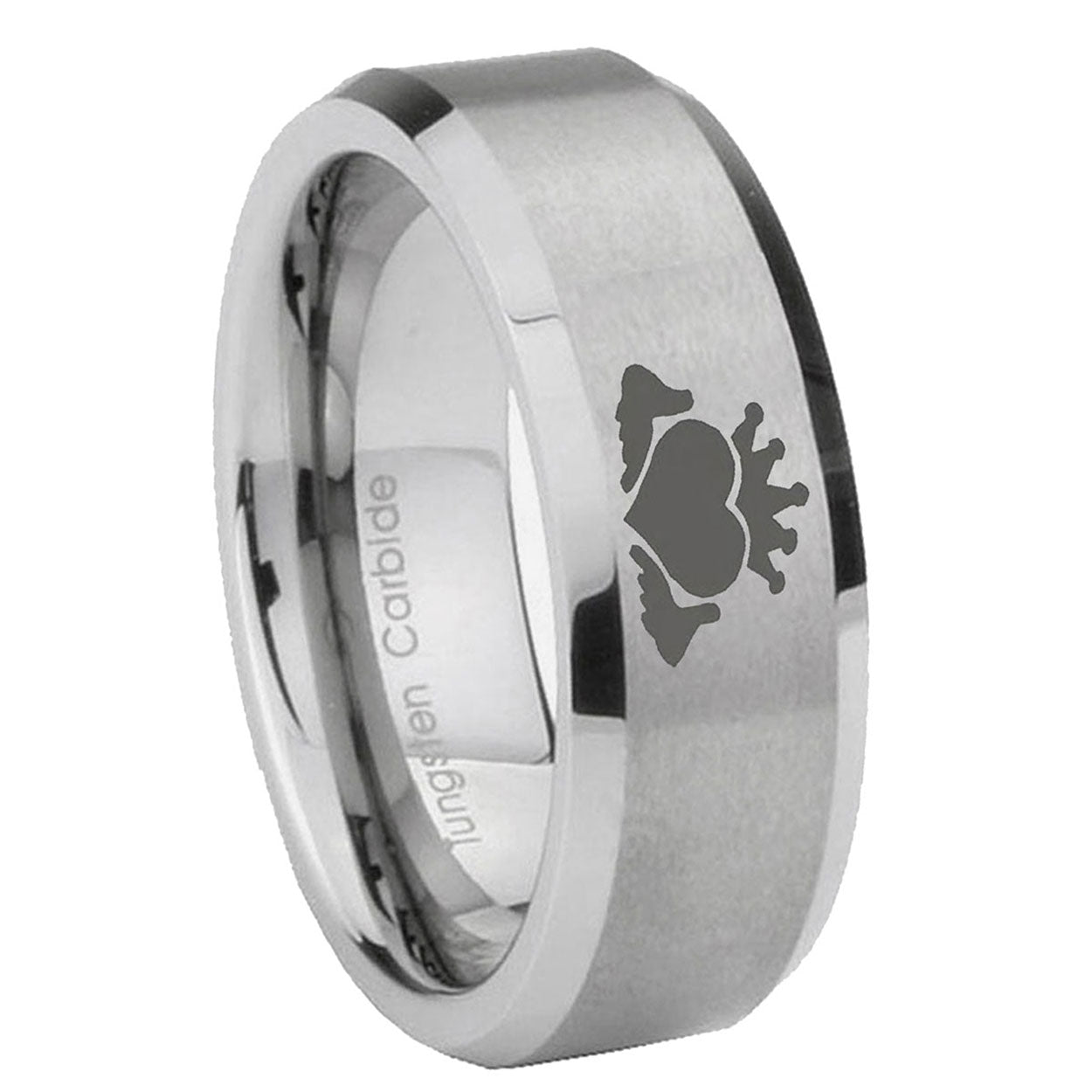 8MM Claddagh Design Beveled Brushed Gray Tungsten Men's Wedding Band