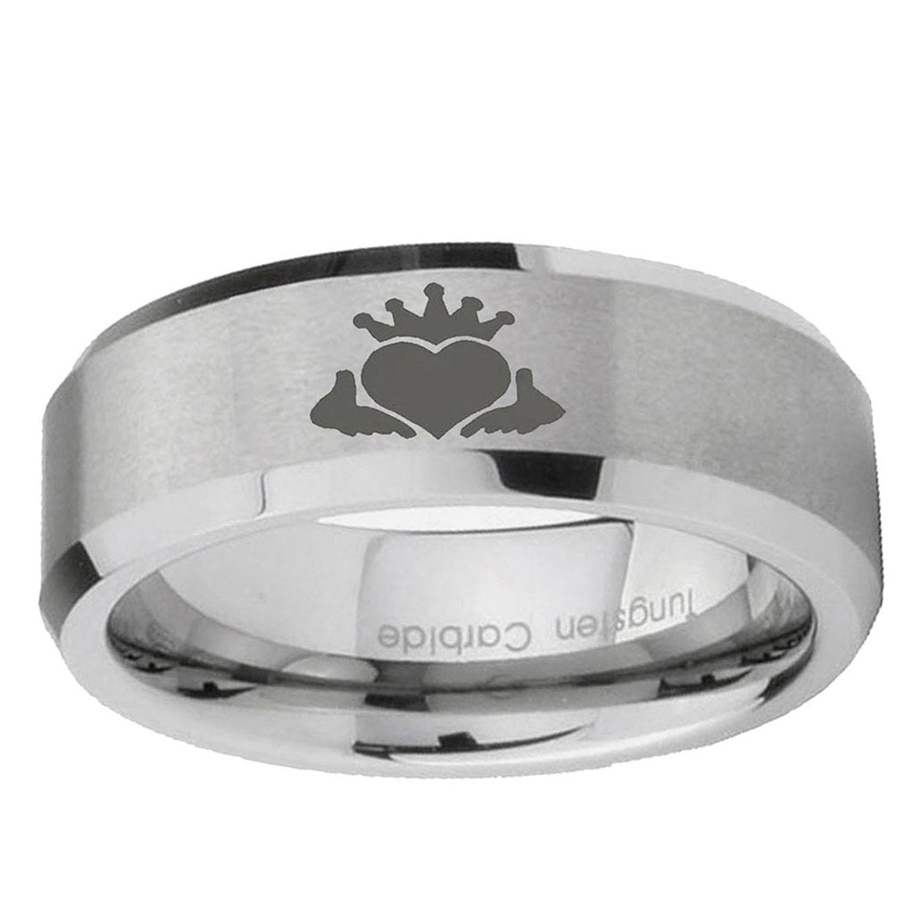 10mm Claddagh Design Beveled Edge Matte Grey Tungsten Ring