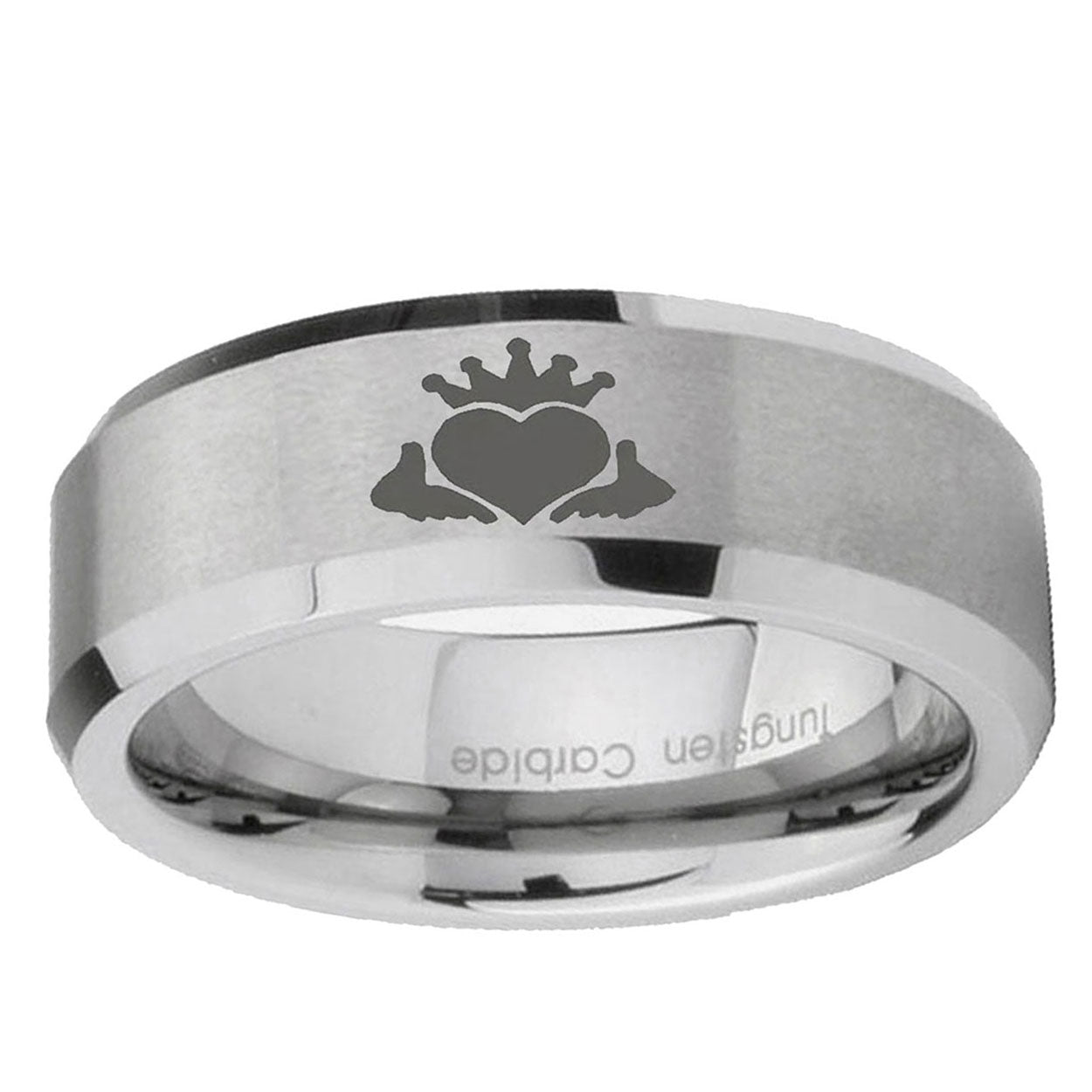 10mm Claddagh Design Beveled Edge Matte Grey Tungsten Ring