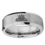 6, 8mm Claddagh Design Beveled Edge Brushed Grey Tungsten Rings for Men