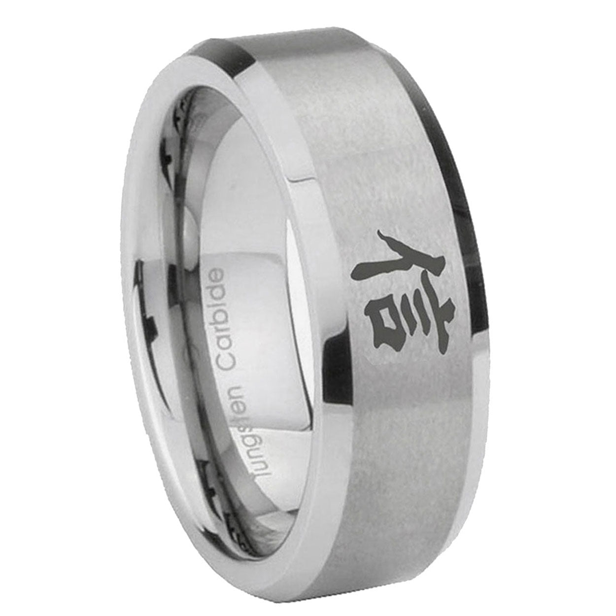 8MM Kanji Faith Beveled Brushed Gray Tungsten Men's Wedding Band