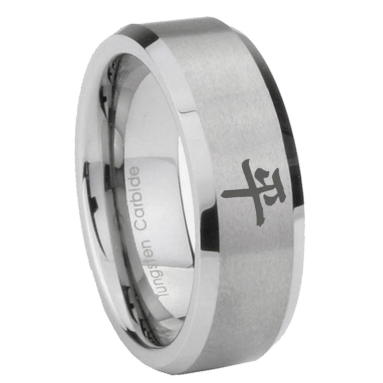 8MM Kanji Peace Beveled Brushed Gray Tungsten Men And Women Ring