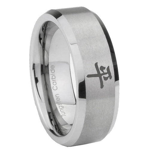 10mm Kanji Peace Beveled Edges Matte Grey Tungsten Carbide Custom Mens Ring