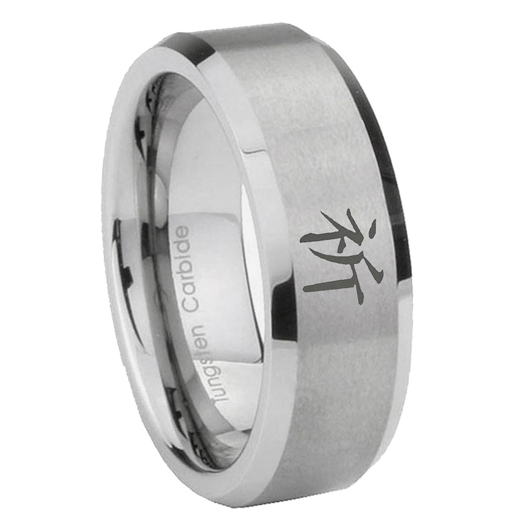 8MM Kanji Prayer Beveled Brushed Gray Tungsten Engrave Man Ring