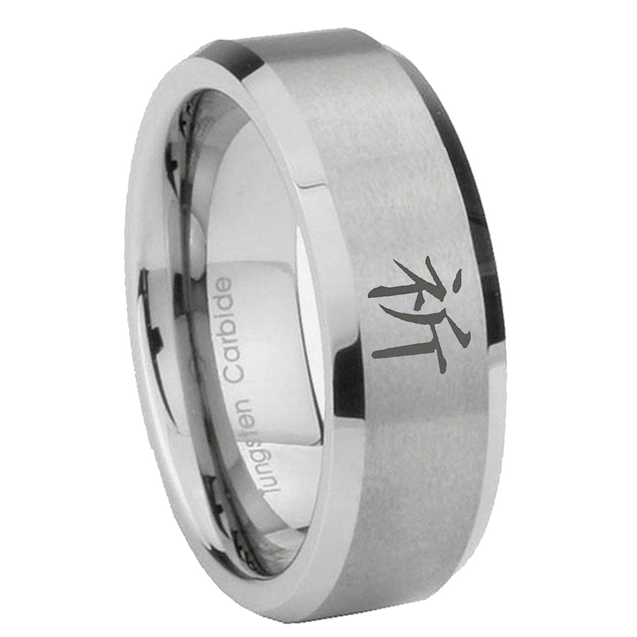 8MM Kanji Prayer Beveled Brushed Gray Tungsten Engrave Man Ring