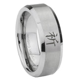 8mm Kanji Prayer Beveled Edge Brushed Grey Tungsten Mens Anniversary Ring