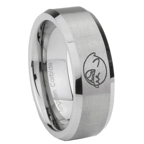 10mm-Mario-Boo-Ghost-Beveled-Edges-Matte-Grey-Tungsten-Carbide-Men's-Ring