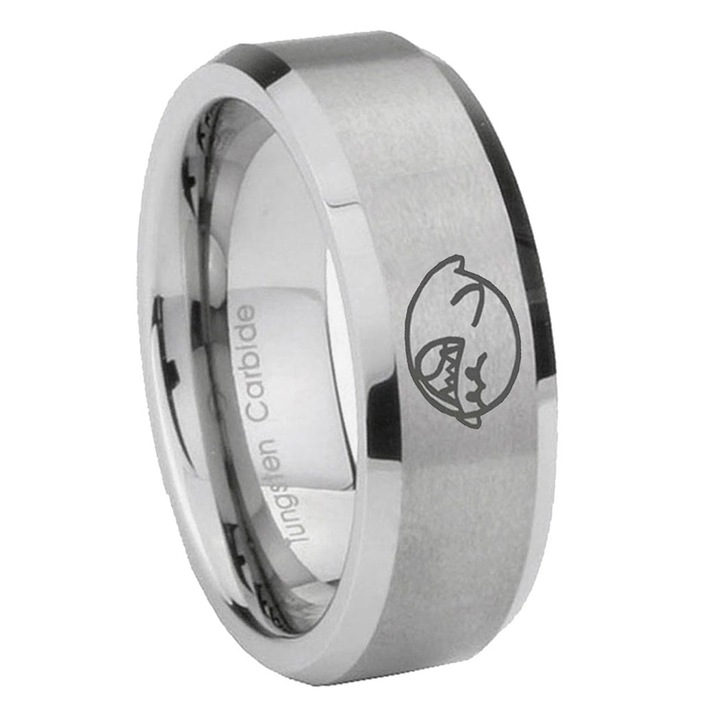 8MM Mario Boo Ghost Beveled Gray Tungsten Engrave Man Ring