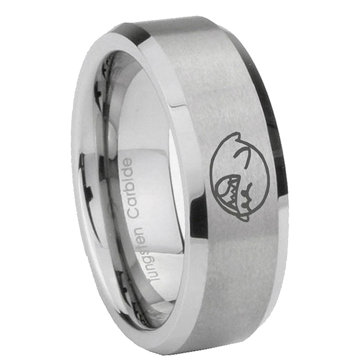 10mm Mario Boo Ghost Beveled Edges Matte Grey Tungsten Carbide Men's Ring