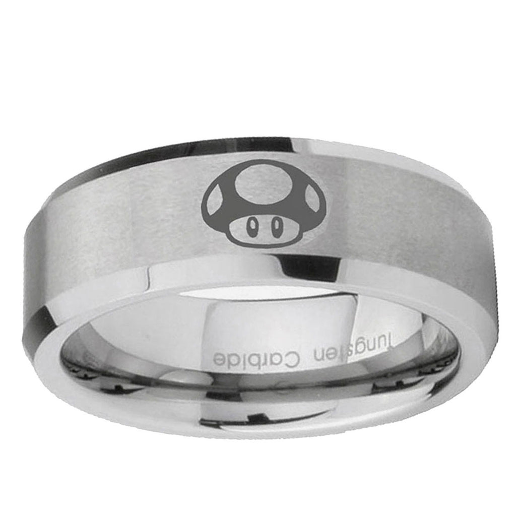 6MM Mario Mushroom Beveled Brushed Gray Tungsten Wedding Band For Men