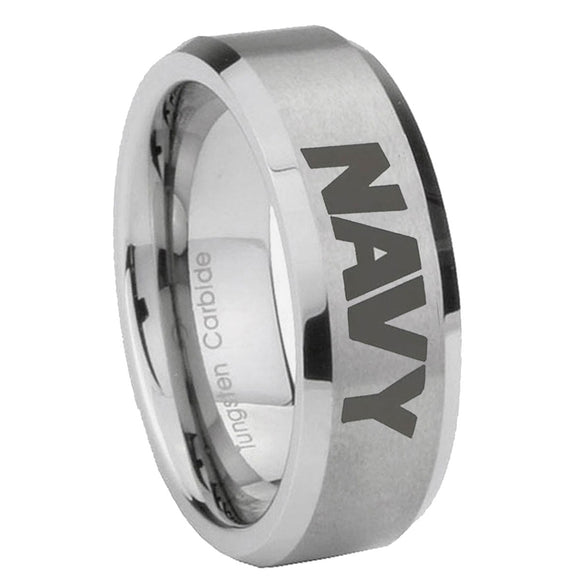 6, 8mm Navy Beveled Edge Brushed Grey Tungsten Wedding Band Ring