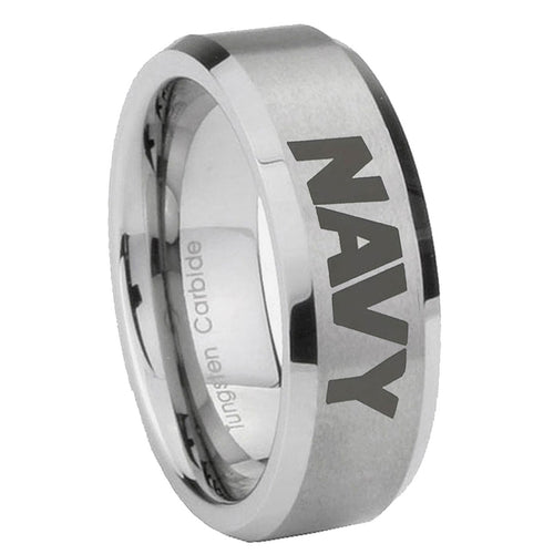 10mm Navy Beveled Edges Matte Grey Tungsten Carbide Wedding Engagement Ring