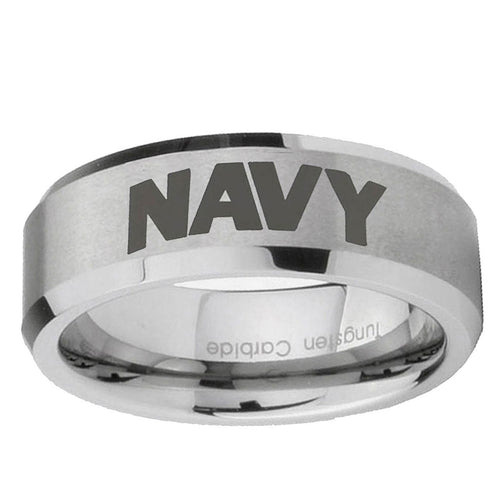 10mm Navy Beveled Edge Matte Grey Tungsten Ring