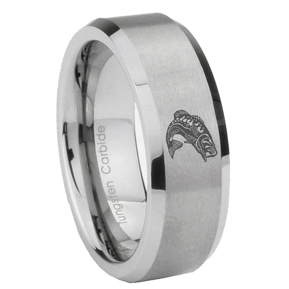 6, 8mm Fishing Beveled Edge Brushed Grey Tungsten Mens Ring