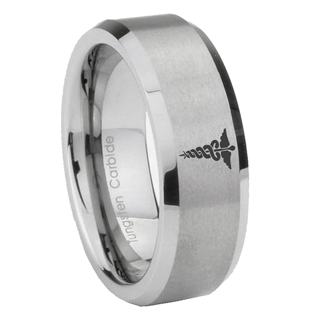 10mm Medical Symbol Beveled Edges Matte Grey Tungsten Carbide Mens Ring Engraved