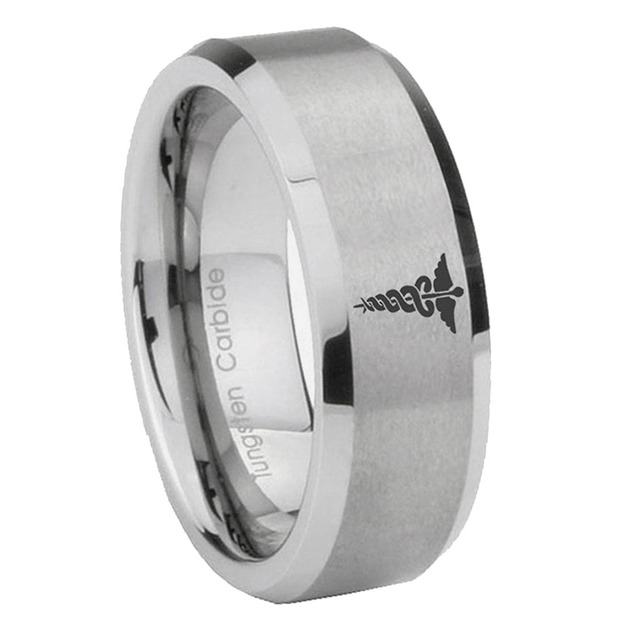 10mm Medical Symbol Beveled Edges Matte Grey Tungsten Carbide Mens Ring Engraved