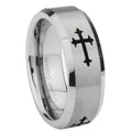 8MM Christian Cross Religious Beveled Brushed Gray Tungsten Mens Ring