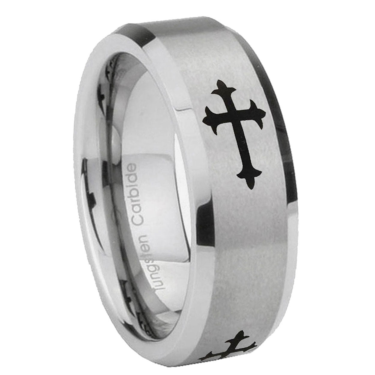 8MM Christian Cross Religious Beveled Brushed Gray Tungsten Mens Ring