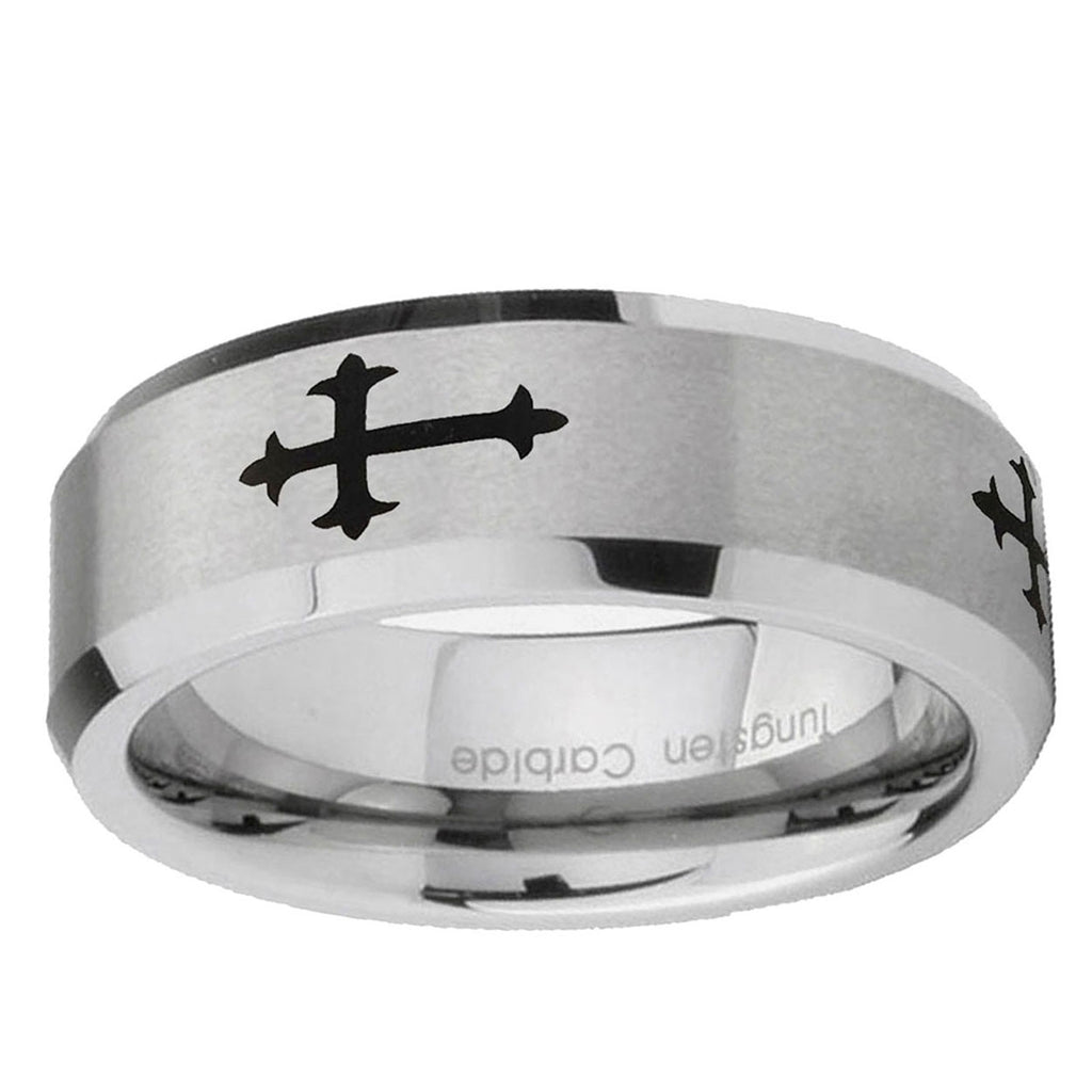 10mm Christian Cross Religious Beveled Edge Matte Grey Tungsten Ring