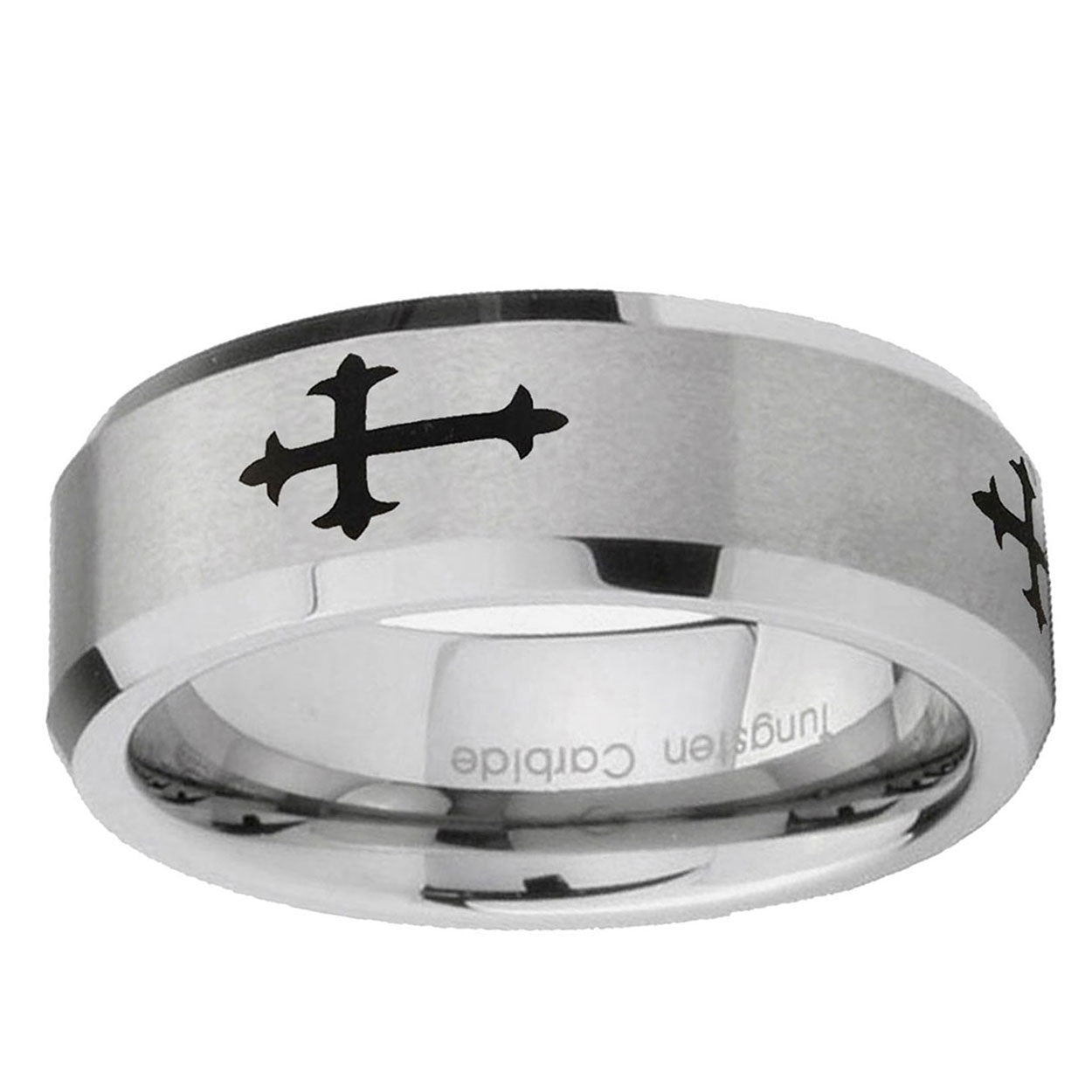 10mm Christian Cross Religious Beveled Edge Matte Grey Tungsten Ring