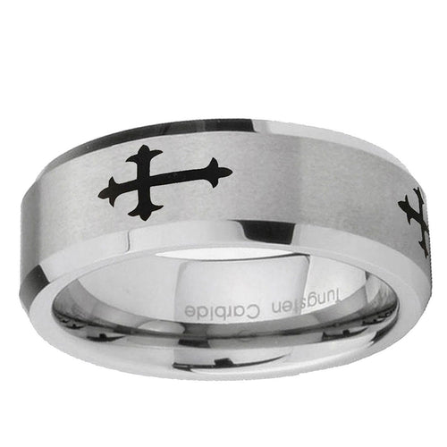 10mm Christian Cross Religious Beveled Edge Matte Grey Tungsten Ring