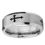 6, 8mm Christian Cross Religious Beveled Edge Brushed Grey Tungsten Ring