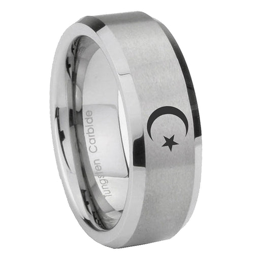 10mm Crescent Moon Stars Beveled Edges Matte Grey Tungsten Carbide Mens Ring Engraved