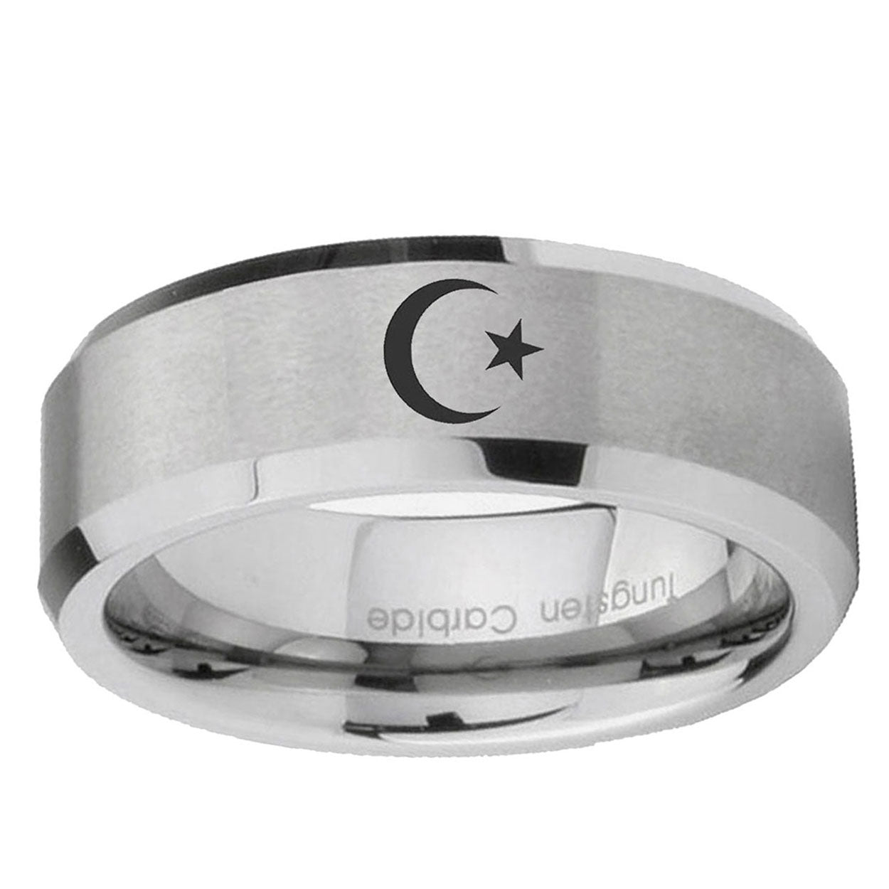 6MM Crescent Moon Stars Beveled Brushed Gray Tungsten Engravable Ring