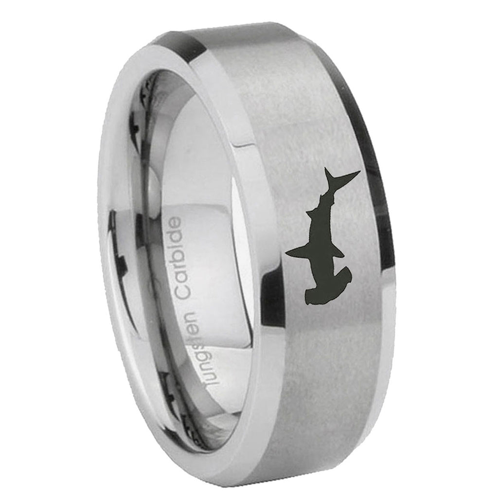 8MM Hammerhead Shark Beveled Brushed Gray Tungsten Comfort Fit Ring