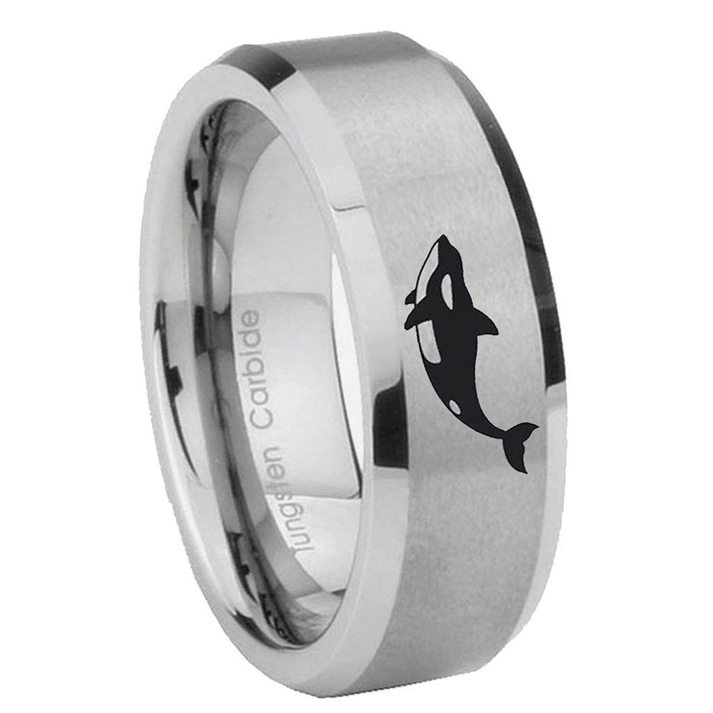 8MM Killer Whale Beveled Brushed Gray Tungsten Engravable Ring