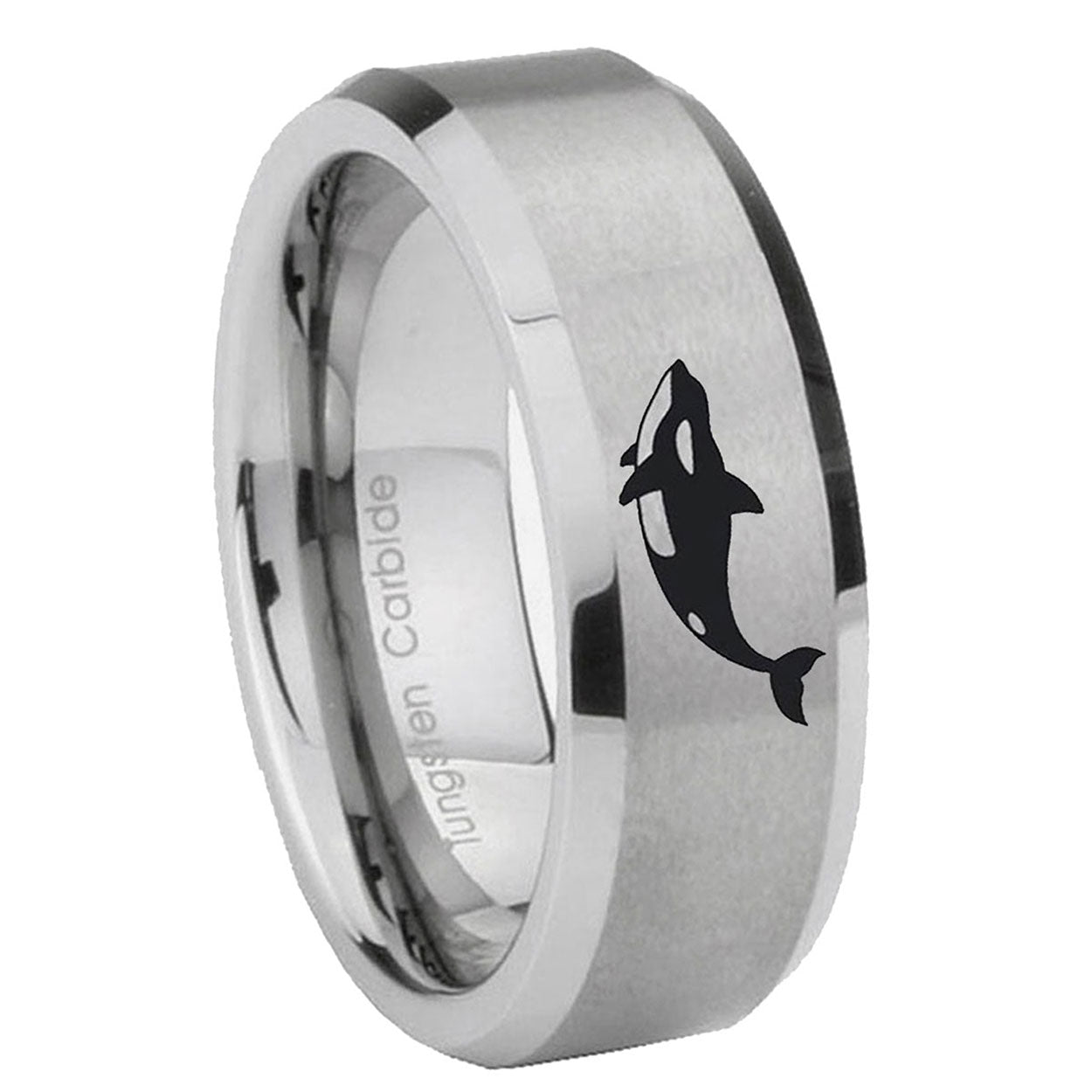 8MM Killer Whale Beveled Brushed Gray Tungsten Engravable Ring