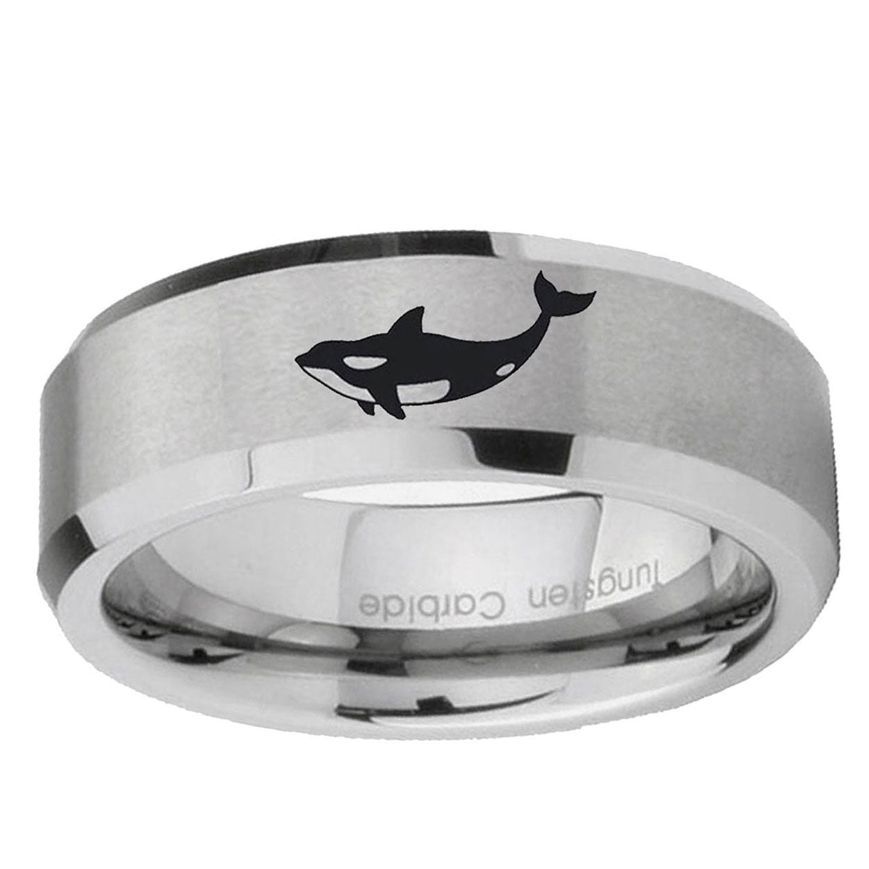 6MM Killer Whale Beveled Brushed Gray Tungsten Engravable Ring